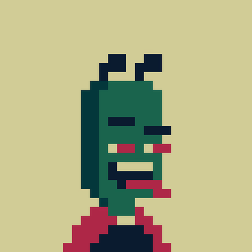 A pixel art portrait of a green-skinned zombie-like character with a red shirt on a yellow background.