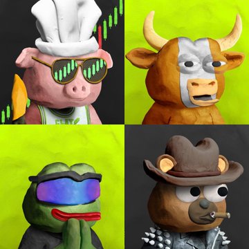 A grid of four 3D-rendered animal characters: a pig in a chef hat and chart sunglasses, a cow with horns, a frog in ski goggles, and a bear in a cowboy hat.