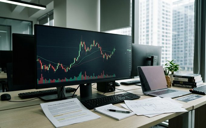 An office desk featuring a wide monitor displaying a candlestick stock chart, alongside a laptop, keyboard, papers, and books by a window with a city view.