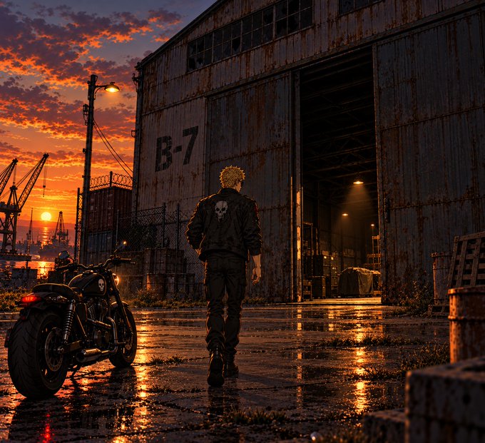 A lone figure with blond hair and a skull-emblazoned leather jacket approaches a weathered warehouse marked "B-7" at sunset, his motorcycle parked outside. The industrial setting and his confident stride suggest he's arrived at a long-awaited destination, matching the caption "This has to be the place."