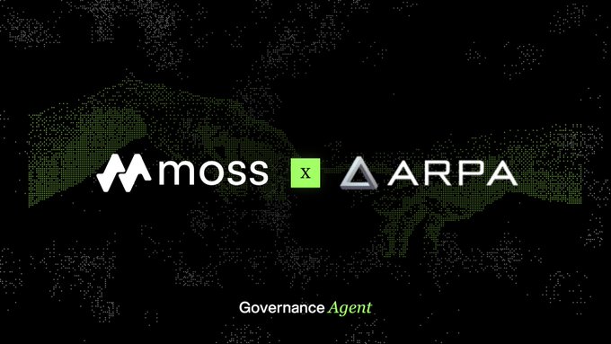 A promotional graphic showing a partnership between moss and ARPA labeled as a 'Governance Agent' against a dark world map background.