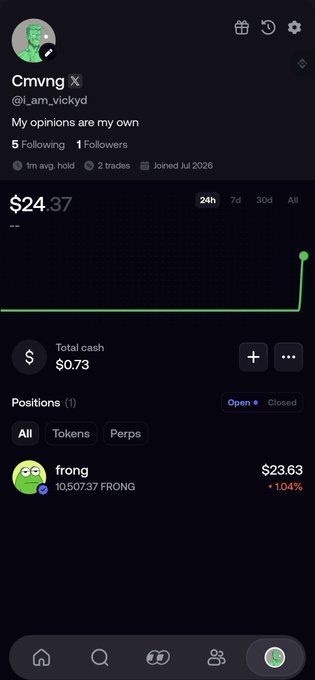 A profile page for user "Cmvnng" (@i_am_vickyd) shows a portfolio of $24.37 with a position of 10,507.37 $FRONG tokens valued at $23.63, aligning with the post about buying their first token $Frong on @fomo.