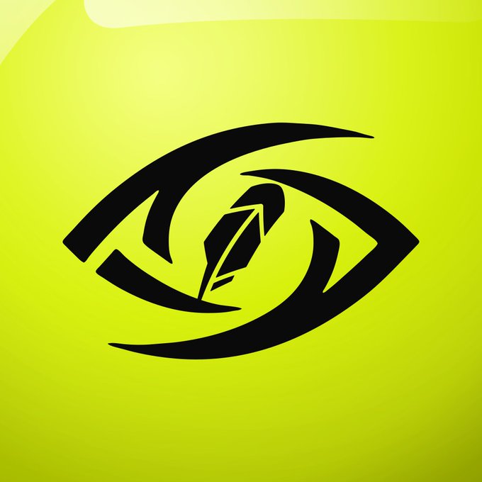 A stylized black graphic of an eye with a pen nib in the center, set against a bright lime green background.