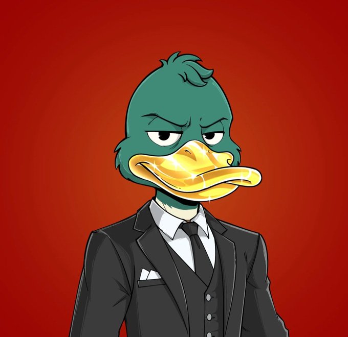 Cartoon illustration of a green-feathered duck character with a shiny gold beak, wearing a black suit and tie, set against a red background.