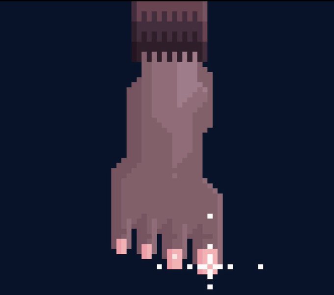 A pixel art rendering of a foot with painted toenails glowing and sparkling at the tips, fitting the playful meme theme of the post referencing BITFOOTS, a hidden creature NFT project centered around feet imagery and "feet pics as the alpha."