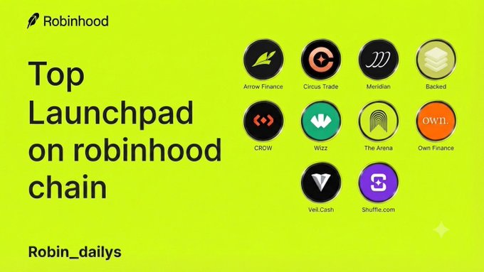 A bright green promotional graphic for Robinhood titled "Top Launchpad on robinhood chain," featuring 10 circular project logos arranged in a grid: Arrow Finance, Circus Trade, Meridian, Backed, CROW, Wizz, The Arena, Own Finance, Veil.cash, and Shuffle.com, with the handle "Robin_dailys" at the bottom. The image visually catalogs the ten crypto launchpad projects mentioned in the post, each paired with their respective branding to help viewers identify which launch they are tracking.