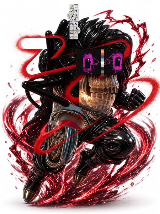 Digital artwork of a glossy black anime-style character with glowing purple glitch effects over its face, surrounded by red energy swirls.