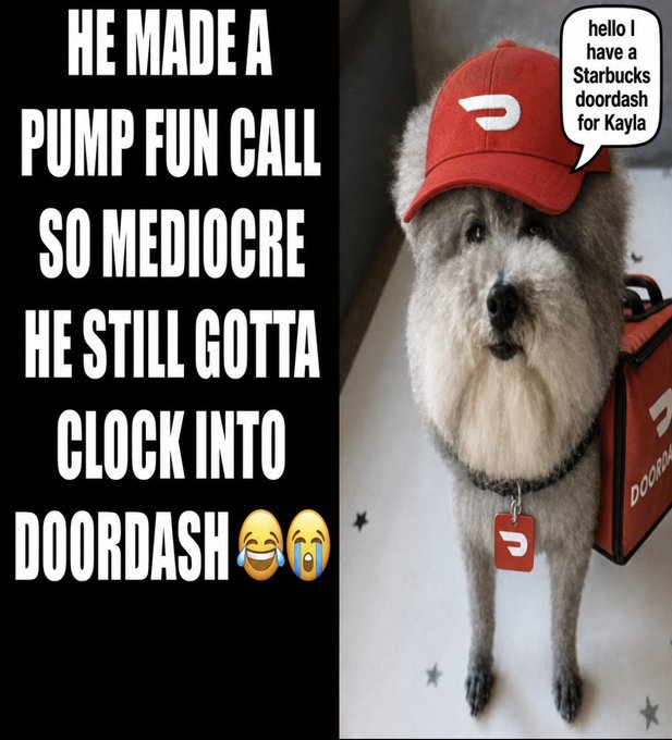 A dog dressed as a DoorDash delivery driver in a red cap and branded bag stands next to text joking that a man's pickup line was so mediocre he still has to clock into DoorDash, with the dog's speech bubble reading "hello I have a Starbucks doordash for Kayla"—relating to the "Gm" (good morning) post as a humorous morning greeting meme.