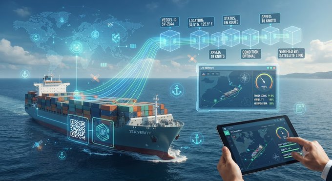 A futuristic illustration of a 'SEA VERITY' container ship at sea, surrounded by holographic data overlays showing vessel ID, location, status ('EN ROUTE'), speed, and a person using a tablet to monitor the data.