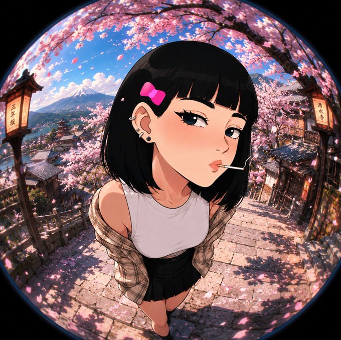 A stylized anime-style illustration of a young woman with short black hair and a pink bow, looking over her shoulder while holding a lollipop, framed in a fisheye lens with Mount Fuji, cherry blossoms, and a Japanese village in the background.

The image pairs with a caption reflecting on leaving a prestigious but unfulfilling career to pursue a passion-driven path, where the dreamy, aspirational Japanese backdrop contrasts with the speaker's grounded realization that meaningful growth doesn't require fame—just curiosity and perseverance.