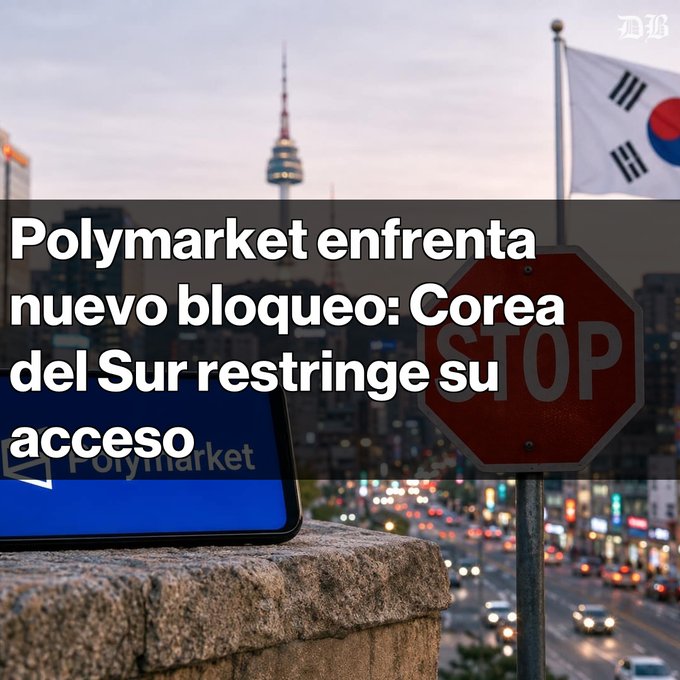 News headline graphic in Spanish: 'Polymarket enfrenta nuevo bloqueo: Corea del Sur restringe su acceso', showing a phone displaying the Polymarket logo next to a stop sign with the South Korean flag and Seoul skyline in the background.