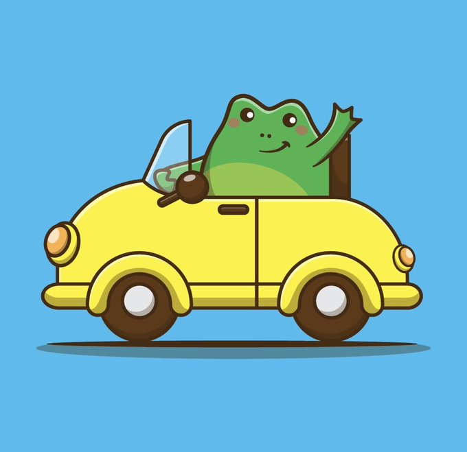 A cute cartoon illustration showing a happy frog waving from the driver's seat of a yellow convertible car against a blue background.