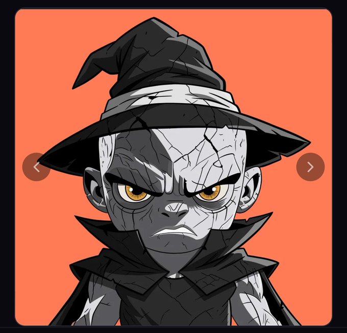 A stylized cartoon illustration of a cracked, stone-like child wearing a pointed wizard hat and a black cloak against an orange background.