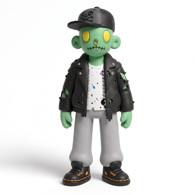 A 3D-rendered figure of a green-headed character with yellow button eyes, wearing a black cap, a distressed black leather jacket, a paint-splattered shirt, gray pants, and black boots.
