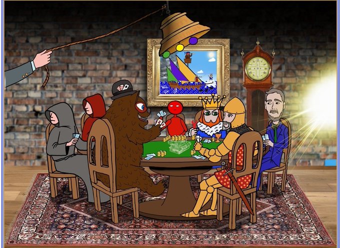 A hand dangles a stacked bell-shaped trap baited with glowing dots above a surreal poker game where a bear in an "ODD" cap plays cards against knights, a red figure, and masked players in a candle-lit brick room. The scene humorously visualizes "all the bears riddles" as baited traps unfolding back-to-back, with the dangling trap symbolizing the relentless, stacked nature of the riddles targeting the players below.