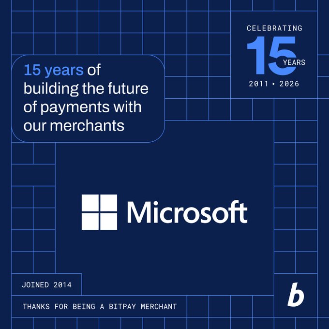 A blue Microsoft promotional graphic celebrating '15 years of building the future of payments with our merchants,' noting 'Joined 2014' and thanking BitPay merchants, with '2011 • 2026' displayed.
