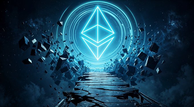 The image features an intriguing scene set against a dark blue background with floating blue spheres. The main focus of the image is a large, blue triangle-shaped symbol surrounded by these floating spheres. The text "NEXT ETHERUM UPGRADE IS COMING @ethereum Glam Amsterdam upgrade is now in its final development phase ahead of testnet deployment, with a mainnet launch expected in H2 2026". This image seems to be related to the Ethereum project and its upcoming upgrades or developments.
