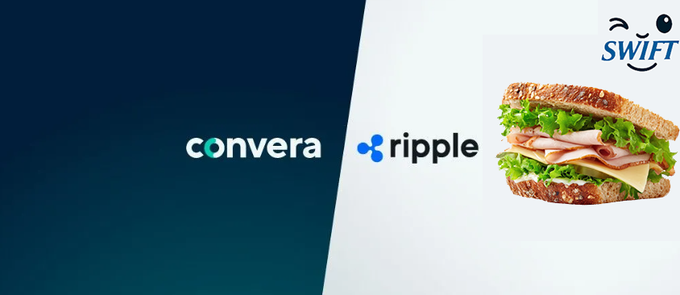 The image features a sandwich with lettuce and cheese placed over a blue background. The text "Convera" and "Ripple" are written above the sandwich, along with the words "Stablecoin Sandwich" and "BREAKING SCOOP! June 16, 2026". This suggests that the image is related to a post about stablecoins or cryptocurrency, possibly discussing the integration of Swift for cross-border payments. The sandwich serves as an interesting visual element in the context of this discussion.