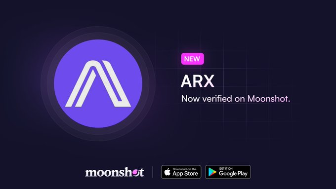 The image features a purple circle with an "A" inside, which is the logo for Arx. Below this logo, there's text that reads "New ARX Now Verified on Moonshot". The background of the image is dark blue, and there are two small circles in the bottom right corner of the image. These circles contain the words "Moonshot" and "Google Play", indicating that the image is related to a post about Arx being verified on a platform called "Moonshot".