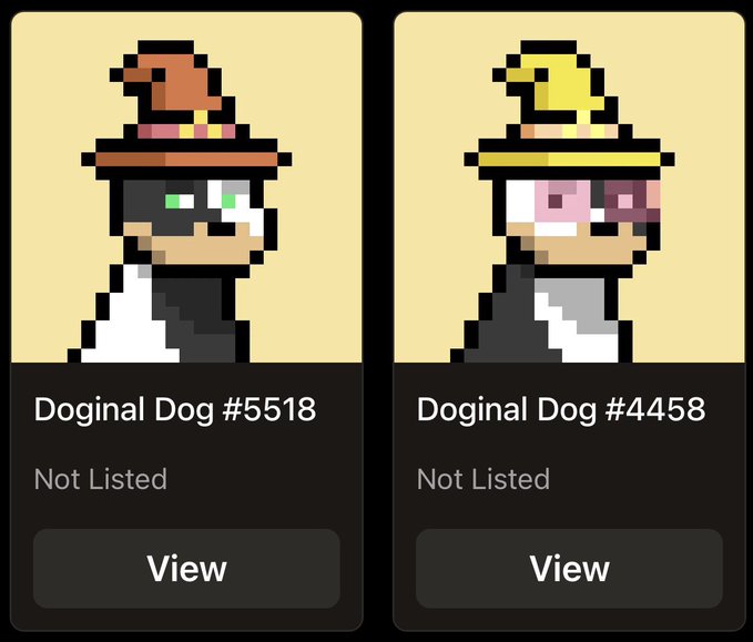 Two pixel art characters labeled 'Doginal Dog #5518' and 'Doginal Dog #4458', both marked as 'Not Listed' with View buttons.