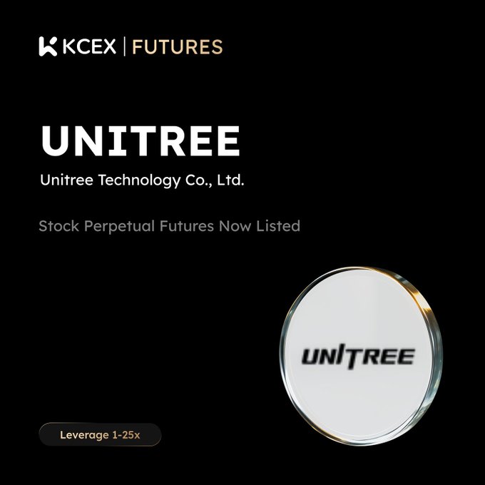 A promotional graphic with the text 'KCEX | FUTURES', 'UNITREE', 'Unitree Technology Co., Ltd.', and 'Stock Perpetual Futures Now Listed' alongside a metallic UNITREE coin emblem.