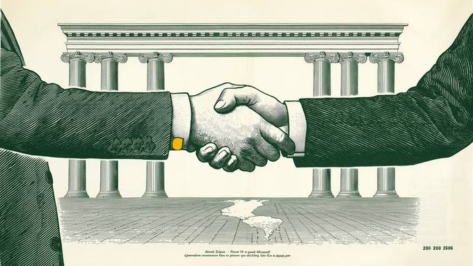 An illustration depicting two suited arms shaking hands in front of a building with classical columns, with a spill on the ground below and German text mentioning 'AboK,fSense' at the bottom.