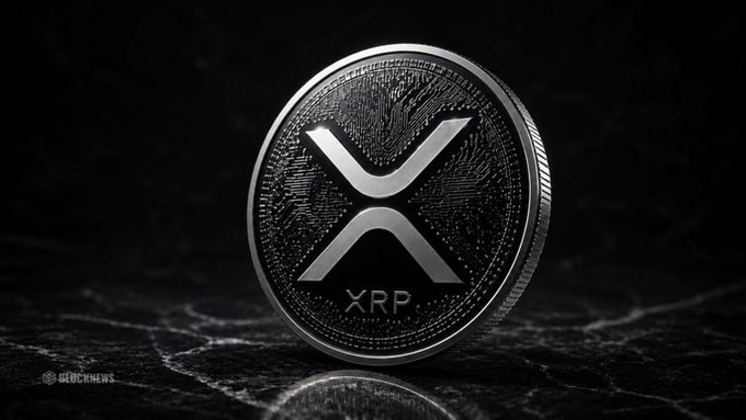 A silver XRP (Ripple) cryptocurrency coin featuring the 'X' logo stands upright on a dark marble surface with a black background, watermarked 'BLOCKNEWS'.