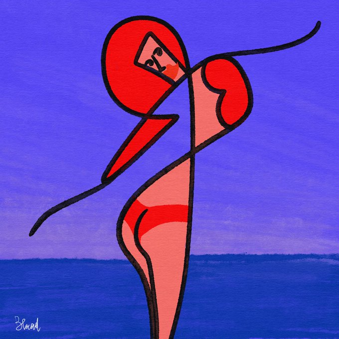 This vibrant abstract artwork captures a figure in a dynamic stance, set against a calming gradient. The artist leave a signature in white in the corner, a subtle indication of their hand.