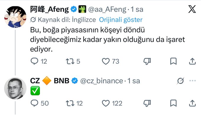 A screenshot of two Twitter/X posts shows CZ (Changpeng Zhao) of BNB (@cz_binance) posting with 50 replies and 122 likes, followed by user @aa_Afeng commenting in Turkish that the market is "closer than we can say it's around the corner."