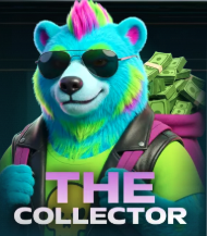 A blue and pink furry bear character wearing sunglasses and a backpack filled with money, with 'THE COLLECTOR' text overlaid.