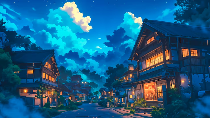 An anime-style illustration of a serene Japanese village at night with warm glowing lights from traditional wooden houses under a dramatic blue cloudy sky.