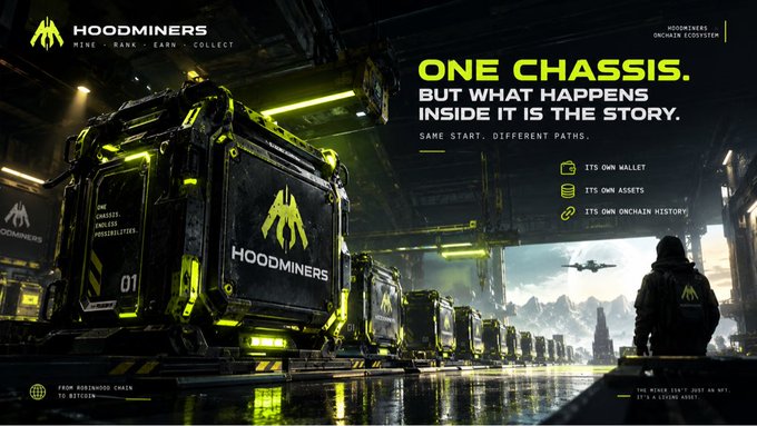 A sci-fi themed advertisement for HOODMINERS displays the slogan 'ONE CHASSIS. BUT WHAT HAPPENS INSIDE IT IS THE STORY. SAME START. DIFFERENT PATHS.' alongside futuristic containers and a silhouette of a figure with a flying vehicle.