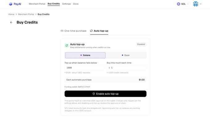 The image shows the PayAI Merchant Portal's "Buy Credits" page with the "Auto top-up" tab selected, displaying settings for automatic USDC purchases on the Solana network at $100 per transaction when credits fall below 1800. The interface illustrates how PayAI enables autonomous agent transactions by allowing merchants to set up automated credit replenishment, supporting the concept of plug-and-play AI agents that can independently manage their operational needs.