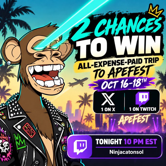 A cartoon monkey in a studded leather jacket is shown alongside text announcing "2 CHANCES TO WIN" an all-expense-paid trip to Apefest on Oct 16-18th, with entries available via X and Twitch, directing viewers to tune into @Ninjacatonsol on Twitch tonight at 10 PM EST.