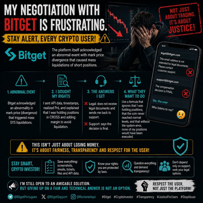 Bitget protest graphic titled 'MY NEGOTIATION WITH BITGET IS FRUSTRATING,' detailing a 4-step timeline of a dispute over liquidations with emails, ending with the slogans 'NOT JUST ABOUT TRADING. IT'S ABOUT JUSTICE!' and hashtags like #StopAbuse.