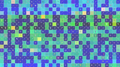 A grid of small, colorful square icons featuring various stylized symbols and figures in blue, green, and yellow tones.