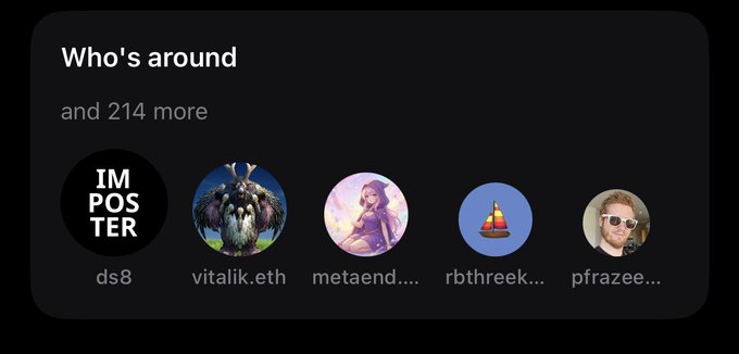 A dark-mode social interface showing a 'Who's around' list with 214 more people, displaying profile avatars for users like 'ds8', 'vitalik.eth', 'metaend...', 'rbthreek...', and 'pfrazee...'.