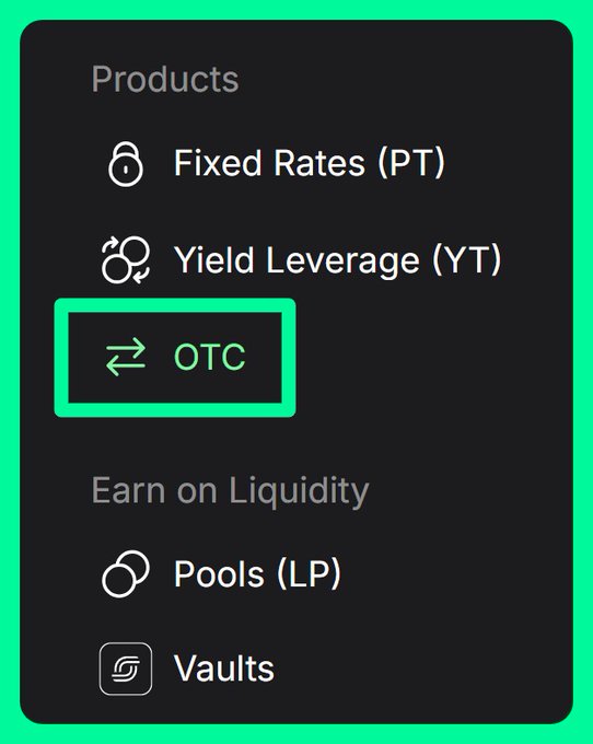 A dark-themed crypto app menu showing 'Products' (Fixed Rates (PT), Yield Leverage (YT), OTC highlighted in green) and 'Earn on Liquidity' (Pools (LP), Vaults).