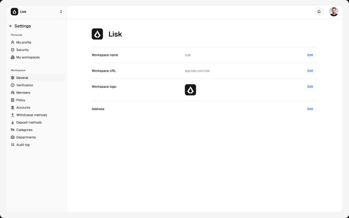 A clean settings page for a workspace called 'Lisk' showing workspace name, URL (app.lisk.com/lisk), logo, and address with edit options, alongside a sidebar menu.