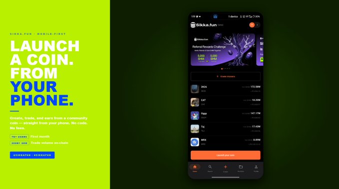 The image shows a smartphone screen displaying an app called "i launched a community coin on Shardeum today. took me less than 60 seconds. from my phone." The app appears to be a cryptocurrency wallet, and it has been recently launched by a user named @sikkafun. The post also mentions that the app is free and does not require any setup or coding. The image's content seems to be related to the post about the community coin on Shardeum.