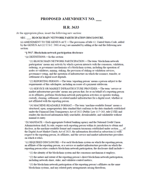 A close-up of a legal document titled 'PROPOSED AMENDMENT NO. ___ H.R. 3633' regarding blockchain network participation disclosures.