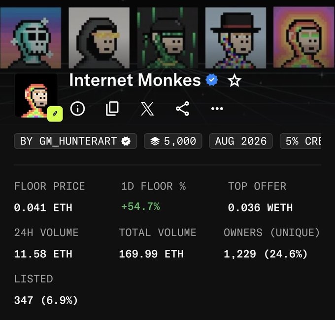 An NFT marketplace page for the 'Internet Monkes' collection by GM_HUNTERART, showing pixel art monkey avatars, with a floor price of 0.041 ETH, 1D floor change of +54.7%, 24H volume of 11.58 ETH, and 1,229 unique owners.