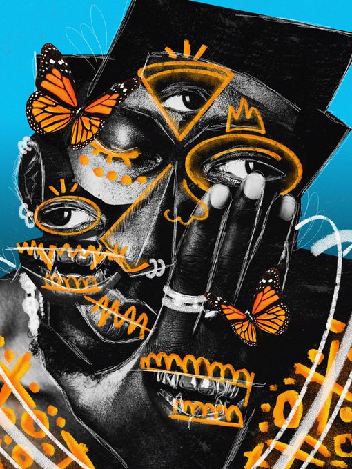 An abstract digital artwork featuring a black and white fragmented face adorned with orange geometric shapes, spirals, and monarch butterflies against a bright blue background.