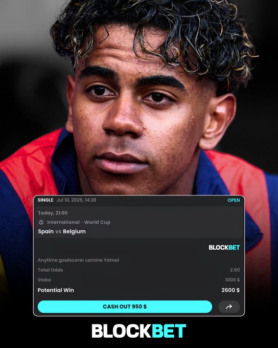 A close-up photo of Spanish footballer Lamine Yamal appears alongside a "BLOCKBET" branded bet slip for the International World Cup match Spain vs Belgium on July 10, 2026, showing a wager that Yamal scores anytime at odds of 2.60 with a potential win of $2600—and a cash out option of $950. The post promotes a Solana-based giveaway tied to Yamal scoring in the match, directly referencing the player shown in the promotional image.