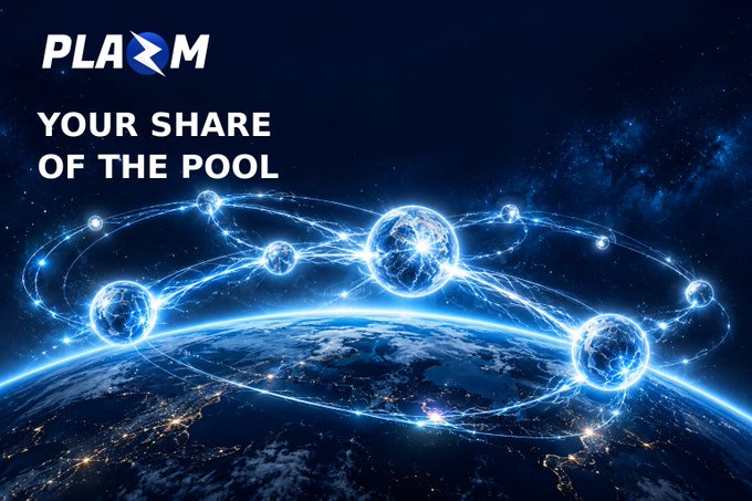 A PLAZOM promotional graphic reading 'YOUR SHARE OF THE POOL' over a cosmic backdrop featuring Earth and glowing interconnected orbs.