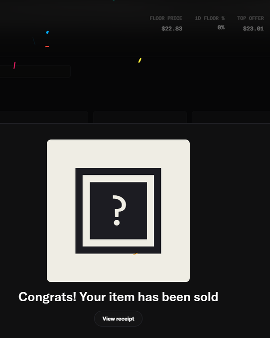 A mobile app screen displays a 'Congrats! Your item has been sold' message with a question mark icon, showing a floor price of $22.83 and a top offer of $23.01.