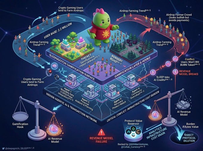 This diagram illustrates the Sleepagotchi ecosystem, detailing a 2.2 million user base engaging in airdrop farming across maps like "Thicket" and "Robbery Road" while interacting with a hidden network of four AI agents (Agent 1-4) that process health data including wearable data, cough monitoring, sleep analysis, and breathing/exercise analysis, all leading to a "Revenue Model Failure" warning and a "Critical Conflict: Infrastructure Cost Burden" between gamification hooks and AI revenue streams.