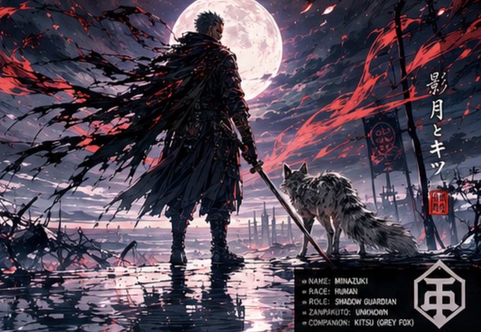 The image features a man holding a sword, standing next to a dog with a red flag. The background of the image shows a full moon, which adds to the overall atmosphere of the scene. There are also some Japanese characters visible on the image. The caption below the image reads "GM Heroes! Kept moving forward. Another page written." This suggests that there might be more content or information about the post in the future.