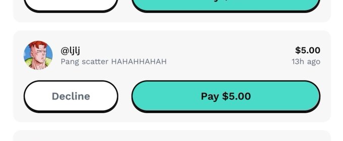 A screenshot of a $5.00 tip request from user @l|j titled "Pang scatter HAHAHHAHAH" with "Decline" and "Pay $5.00" buttons visible. The image illustrates the poster's frustration about being openly asked for money to fund gambling, reinforcing their stance that they'd rather burn funds than enable irresponsible spending.