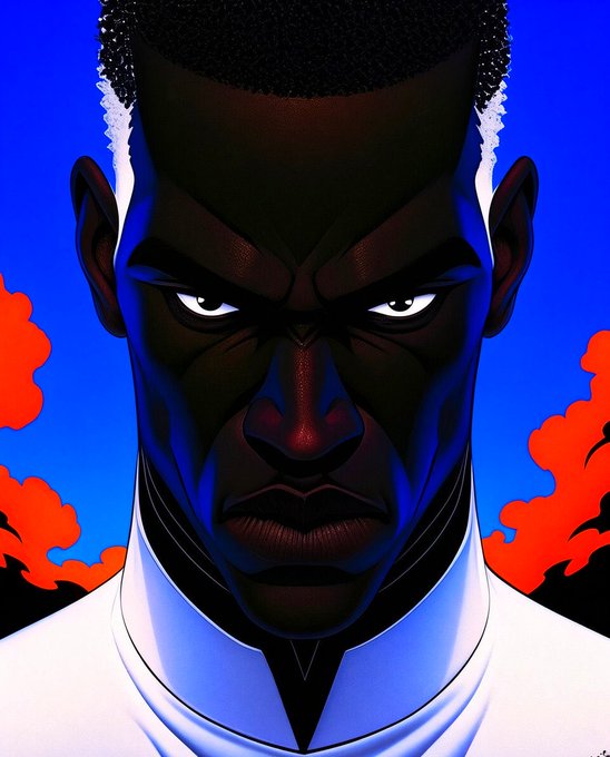 A stylized portrait illustration shows a man with a flat-top haircut and an intense expression, rendered in bold blue, red, black, and white colors.